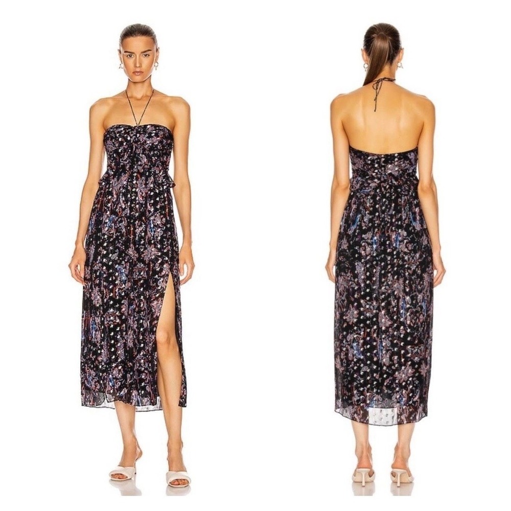 IRO Somov Floral Paisley Metallic Halter Midi Dress Navy Blue Purple 44 2XL 20W‎